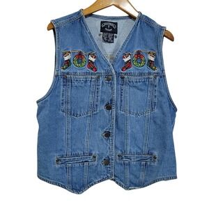 Solutions Denim Christmas Vest Womens Medium Blue Embroidered JOY Button Up Vtg
